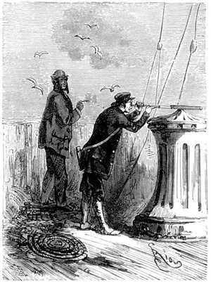 Cogió su anteojo y asestó su instrumento a la línea del horizonte en que el cielo y el agua se confunden.