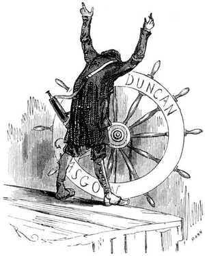 En aquel momento tropezó su mirada con la rueda del timón