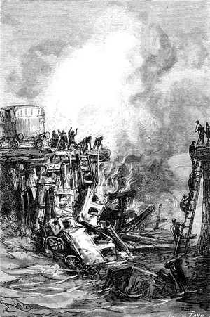 El río que atravesaba la vía férrea, estaba atestado de restos de vagones y de la locomotora